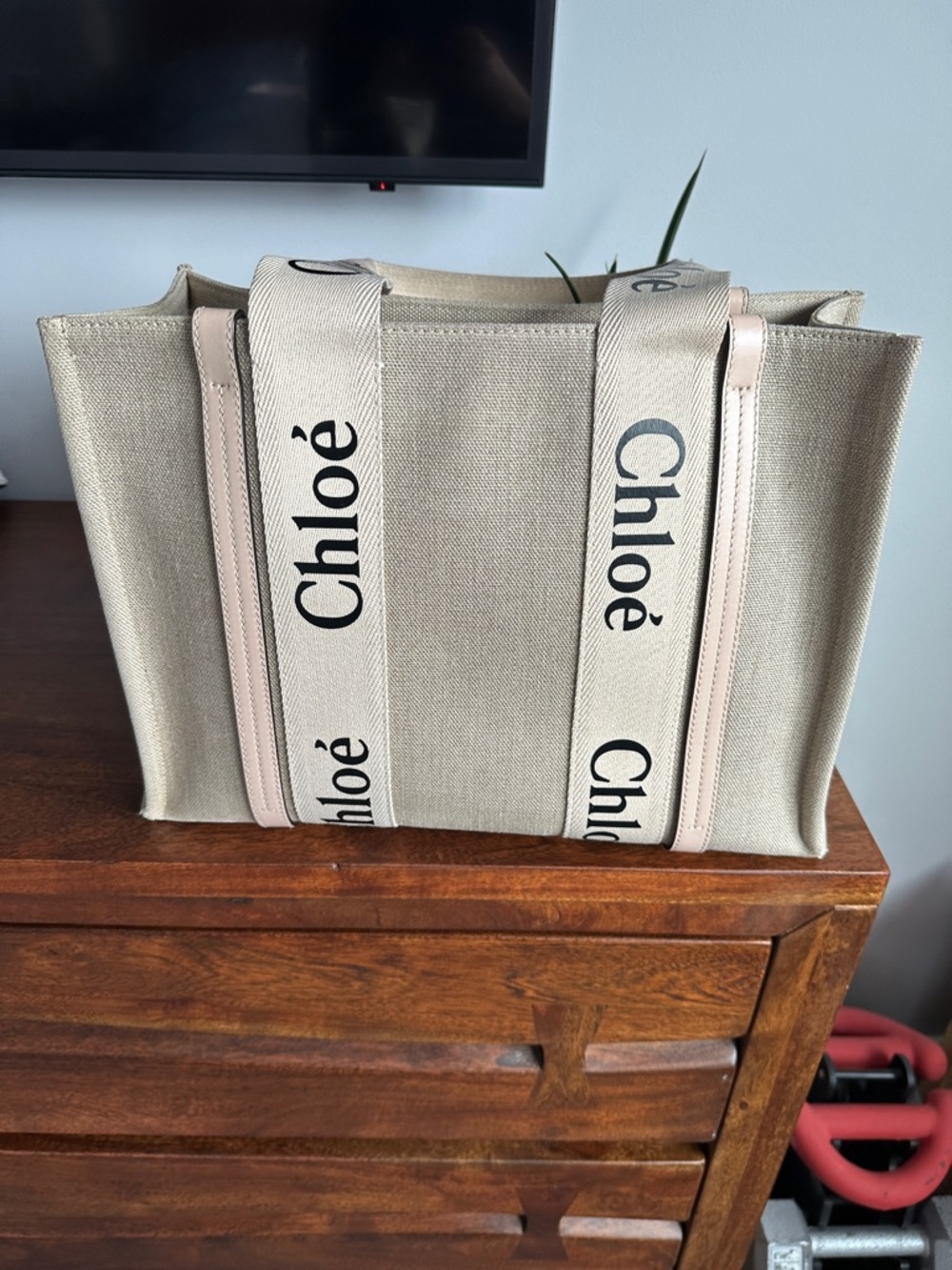 Chloe Woody Tote Bag in Linen and Cement Pink - Picture 1 of 6